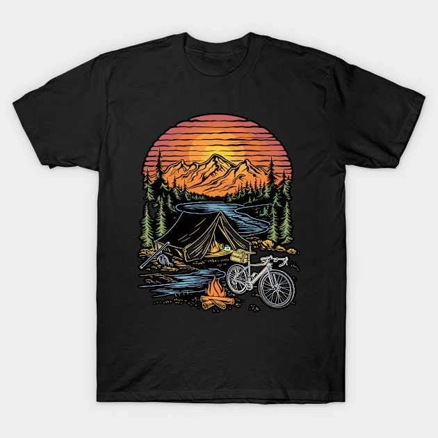 Bicycle Camping Mountains Nature Excursion T-Shirt by Macphisto Shirts